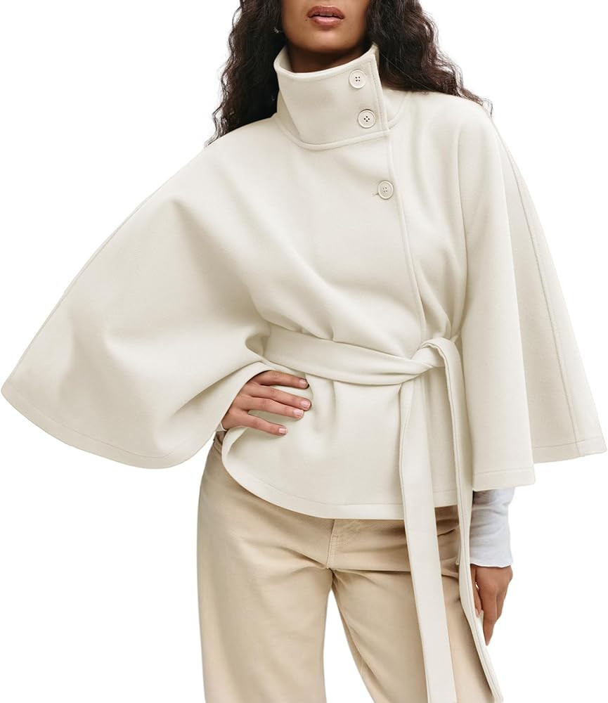 Ainangua Womens Batwing Sleeve Poncho Peacoat Oversized Stand Collar Belt Cape Coat Jacket Cloak ... | Amazon (US)