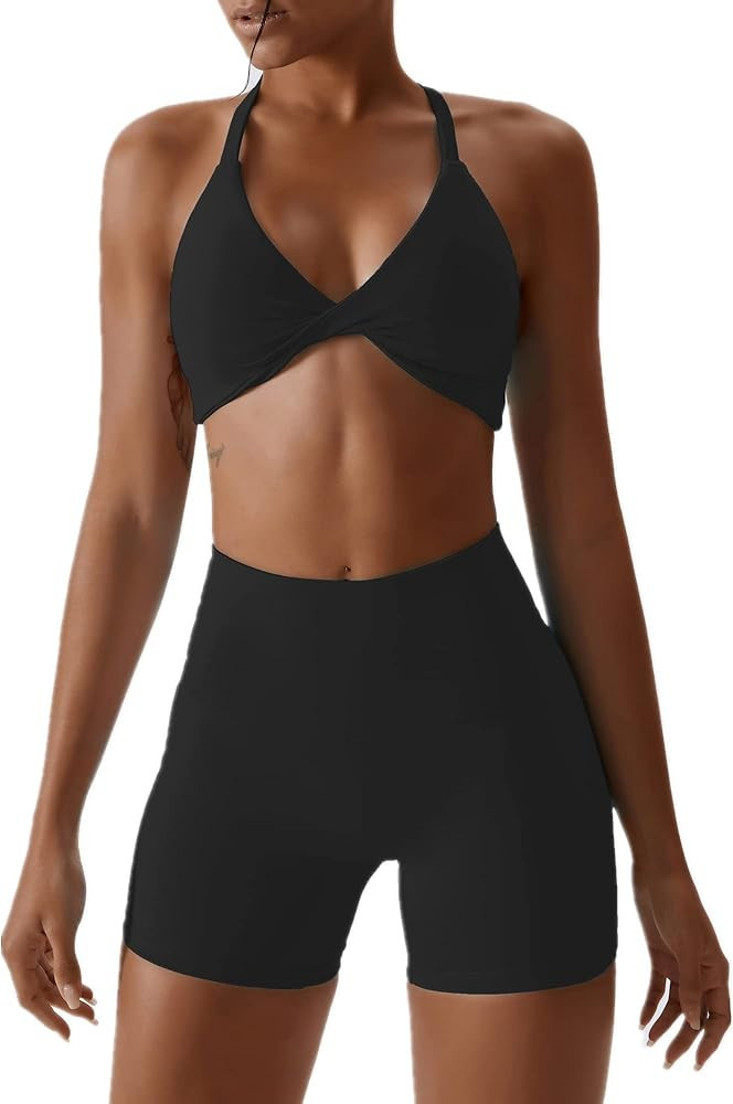 ABOCIW Workout Sets for Women 2 Piece Twist Front Halter Sports Bras High Waist Booty Shorts Exer... | Amazon (US)