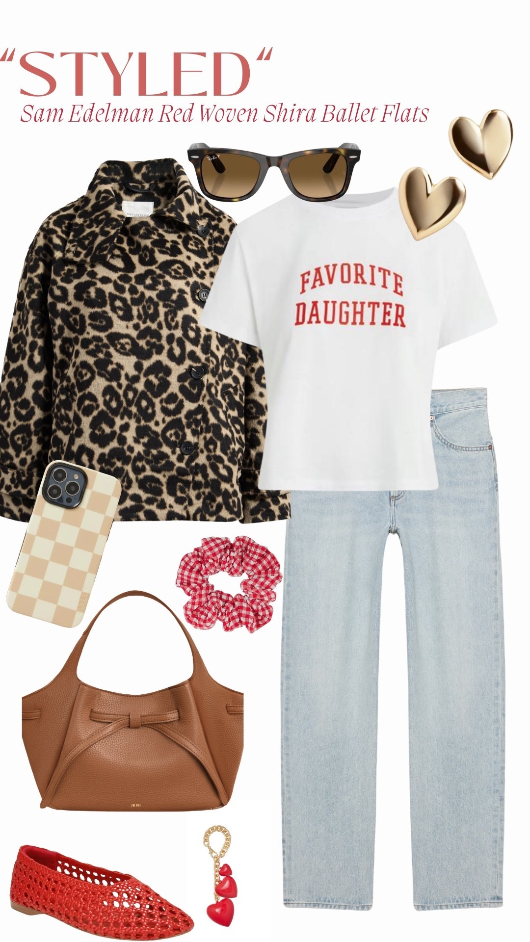 “Styled” 
Sam Edelman Woven Red Shira Ballet Flats

Leopard Print Funnel Neck Cocoon Coat: Avec Les Filles
Cropped Tee: Favorite Daughter (Collegiate Tee)
High Rise Baggy Jean: Aritzia (The 90s Marlo Jean)
Brown Gradient Wayfarer Sunglasses: Ray-Ban
Gold Heart Earrings: BaubleBar (Anya Earrings)
Brown Tote: JW PEI (Mabel Handbag)
Red Gingham Seersucker Scrunchie: Hunza G
Puffy Heart Bag Charm: Roxanne Assoulin 
Neutral Check Iphone Case: Anthropologie

#LTKmomlife #LTKSeasonal #LTKootd