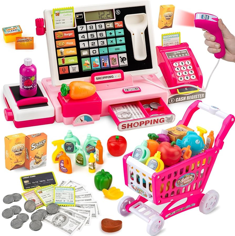 Kids Cash Register Toy with Shopping Cart Toddler Pretend Play Store Cashier Register for Kids wi... | Amazon (US)