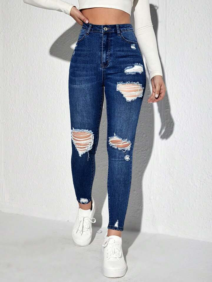 SHEIN Ripped Slim Fit Denim Jeans | SHEIN