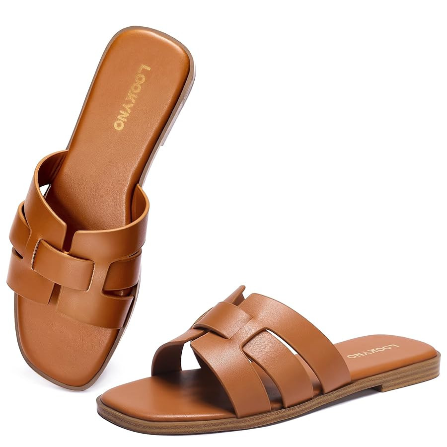 Flat Sandals for Women 2025 Dressy Summer Leather Slides with Square Open Toe | Amazon (US)