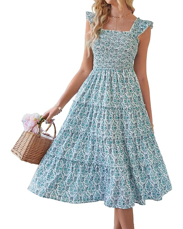 BTFBM Womens Summer Boho Smocked Beach Dresses Sleeveless Shoulder Strap Floral Flowy Tiered Part... | Amazon (US)