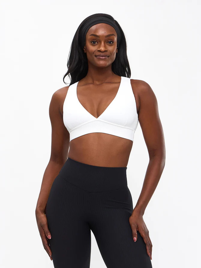 Ribbed Deep V Sports Bra - White | Buffbunny