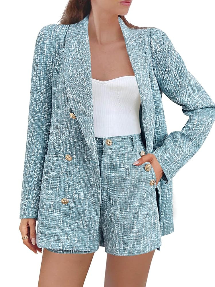 Cicy Bell Womens 2 Piece Tweed Blazer Shorts Sets Long Sleeve Double Breasted Suit Jackets Busine... | Amazon (US)
