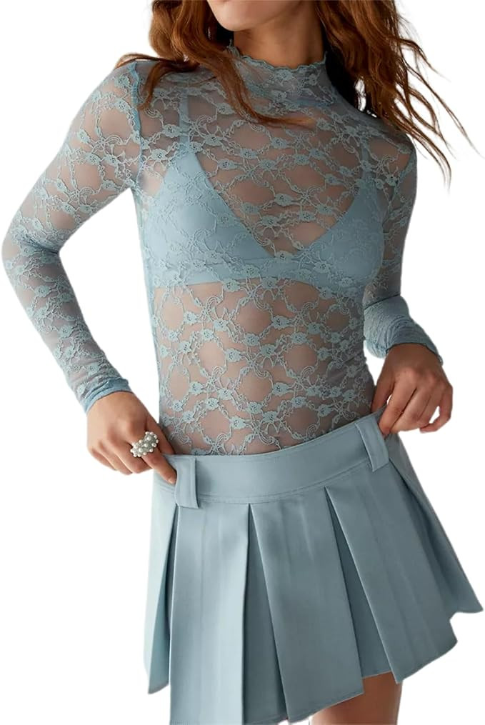 Sheer Mesh Long Sleeve Layering Top for Women Mock Neck Floral Lace Tshirt See Through Tee Shirt ... | Amazon (US)