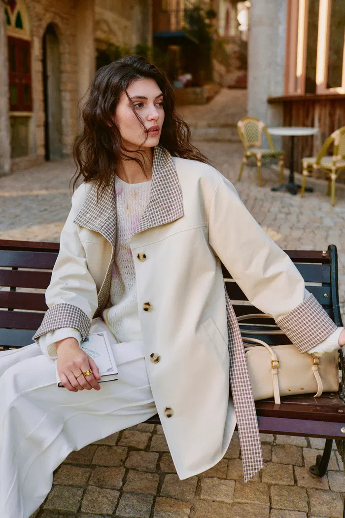 Sita Check Panel Belted Cropped Trench Coat In Trench Cotton | Fabrique