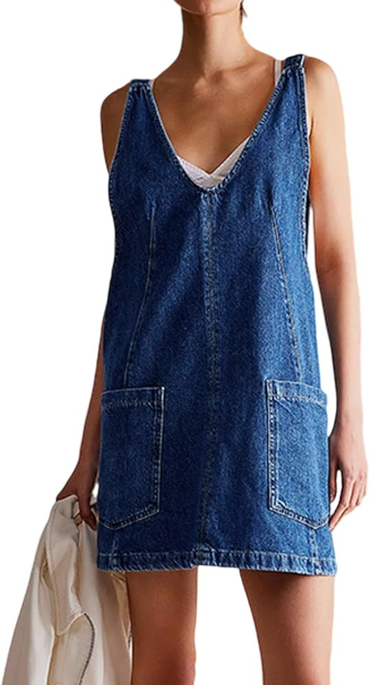 yoeasy Women's V Neck Sleeveless Denim Overall Dress Adjustable Strap Summer Mini Pinafore Jean D... | Amazon (US)