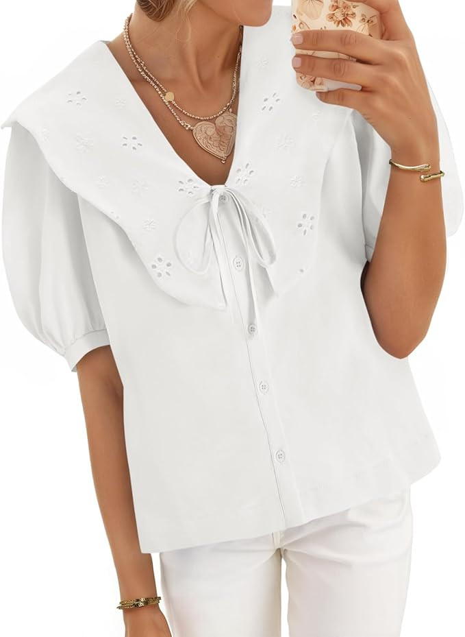 Cicy Bell Womens Peter Pan Collar Button Down Shirts Puff Short Sleeve Summer Casual Eyelet Tops ... | Amazon (US)