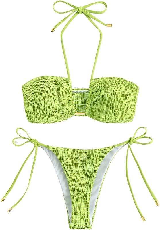 SweatyRocks Women's 2 Piece Bathing Suit Ribbed Tie Side Halter Bikini Swimsuit | Amazon (US)