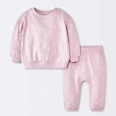 Baby Girls' 2pc Heart Graphic Modal French Terry Sweatshirt and Pants Set - Cloud Island™ Purple 12M | Target
