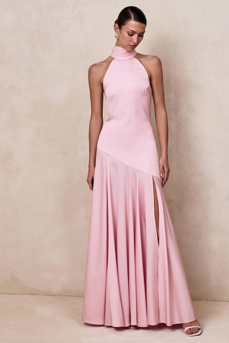 Luscious  Light Pink High-Neck Maxi Dress With Drop-Waist And Bow Detail | Club L London