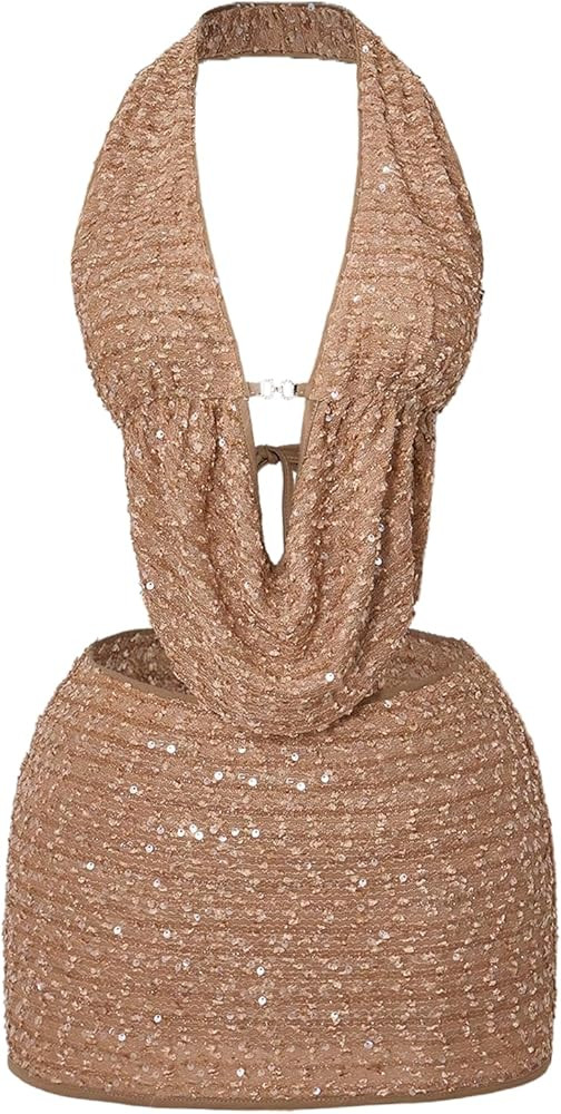 SOLY HUX Women's 2 Piece Party Club Outfit Sequin Tie Backless Sheer Halter Crop Top and Mini Skirt Set | Amazon (US)
