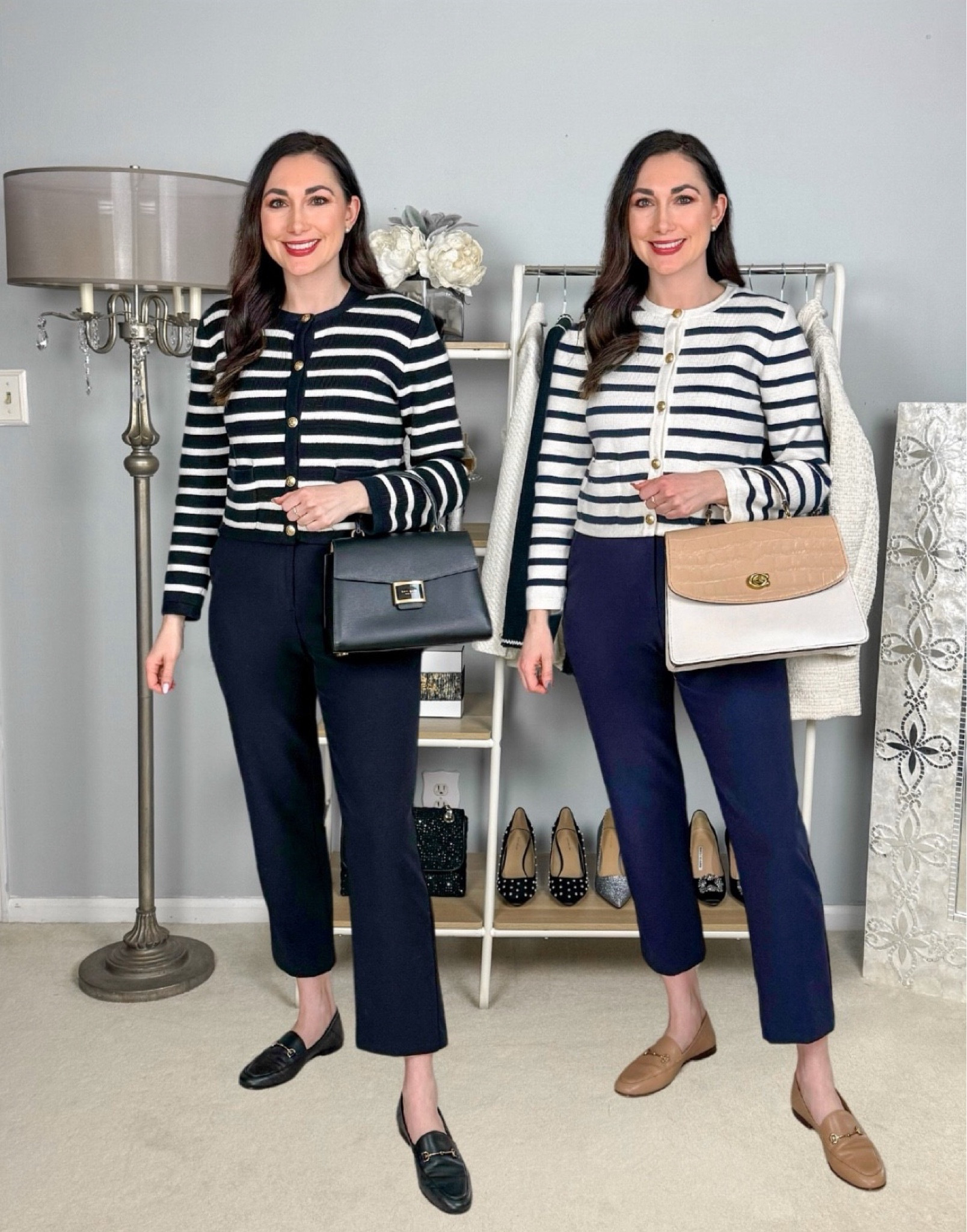 Classic stripe cardigans 21% off 🖤💙

Outfit 1
Black and white striped lady cardigan size small, TTS
Black tee size small, TTS
Black high waisted ankle pants size 4 reg, TTS
Black loafers size 6.5, size down half to full size 

Outfit 2
Navy and white striped cardigan size small, TTS
Navy tee (linked similar)
Navy high waisted ankle pants size 4 reg, TTS
Classic nude loaders size 6.5, size down half to full size 

Work outfit 
Classic style 
Preppy style 
Office outfits 
J.Crew
Express 
Sam Edelman loafers 



#LTKstyletip #LTKworkwear #LTKsalealert