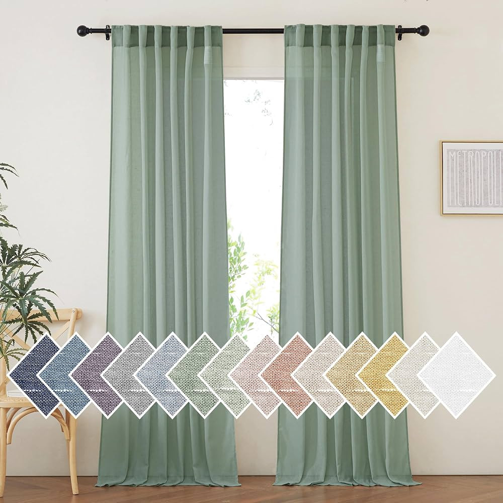 NICETOWN Linen Sheer Olive Green Curtains for Bedroom, Rod Pocket & Back Tab Semi Sheer Privacy W... | Amazon (US)