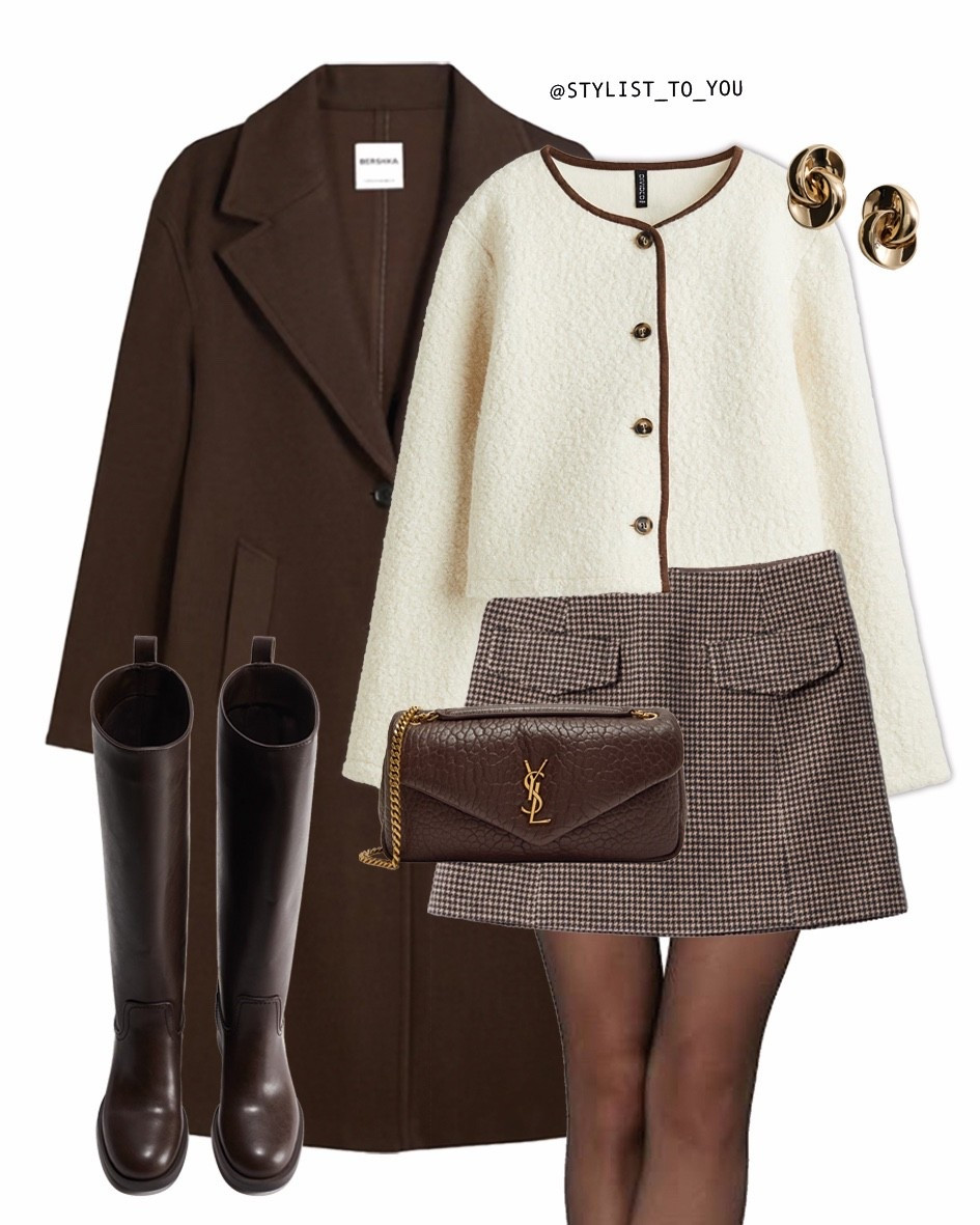 When in doubt, add more brown tones🤎🍂

A flat-lay outfit featuring a dark brown knee-length wool coat, a cream textured cardigan with brown trim and gold buttons, a brown houndstooth check tweed plaid heritage mini skirt, sheer black tights, dark brown knee-high boots, gold twisted stud earrings, and a small dark brown YSL chain purse. The items are arranged together to show a coordinated neutral chic autumn fall outfit. quiet luxury style, neutral wardrobe ideas, soft fall neutrals, polished everyday looks, fall outfit inspo, capsule wardrobe planning, classy winter style inspiration, brown aesthetic, neutral outfit, chic fall style, quiet luxury, tweed skirt, cream cardigan, textured cardigan, brown coat, knee-high boots, leather boots, fall neutrals, cozy chic, elegant outfit, classy style, preppy fall look, feminine outfit, A/W wardrobe, capsule wardrobe, minimal outfit, soft neutral tones, brown purse, gold earrings, fall layering, winter outfit inspo, warm tones, cute fall skirt, stylish neutrals, timeless style, everyday chic, fall fashion ideas, outfit inspiration, brown boots outfit, textured knitwear, fall street style, elevated basics, modern preppy, polished outfit, weekend outfit idea, what to wear, how to wear

#LTKuk #LTKwinter #LTKeurope