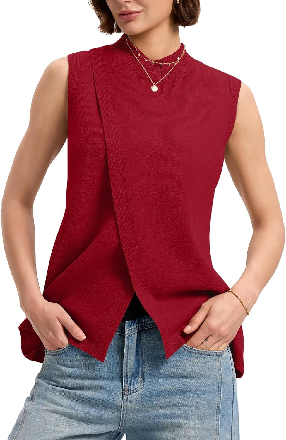 LOMON Womens Mock Neck Sweater Vest Slim Fit Side Split Sleeveless Pullover | Amazon (US)
