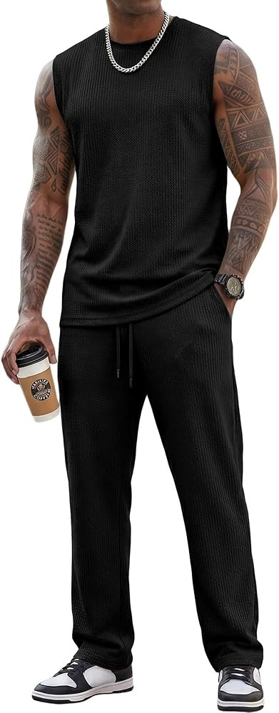 JMIERR Men Fashion 2 Piece Set Casual Muscle Tank Baggy Pants Stretch Textured Beach Street HipHo... | Amazon (US)