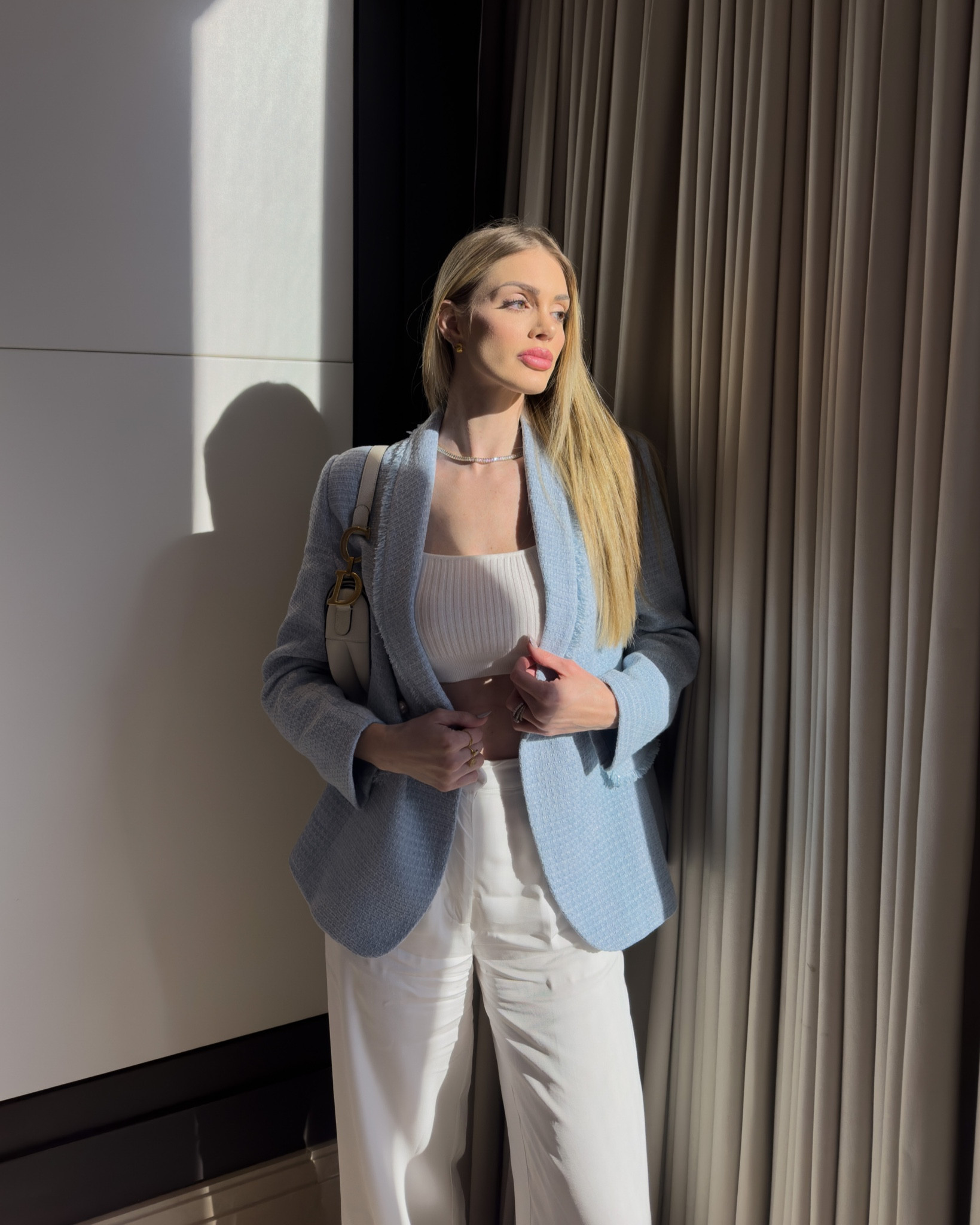 Casual, Chic, elegant, all white, comfy, tweed, pants, crop top, blazer, saddle bag, chicwish, revolve, Dior, stylish, modern, feminine