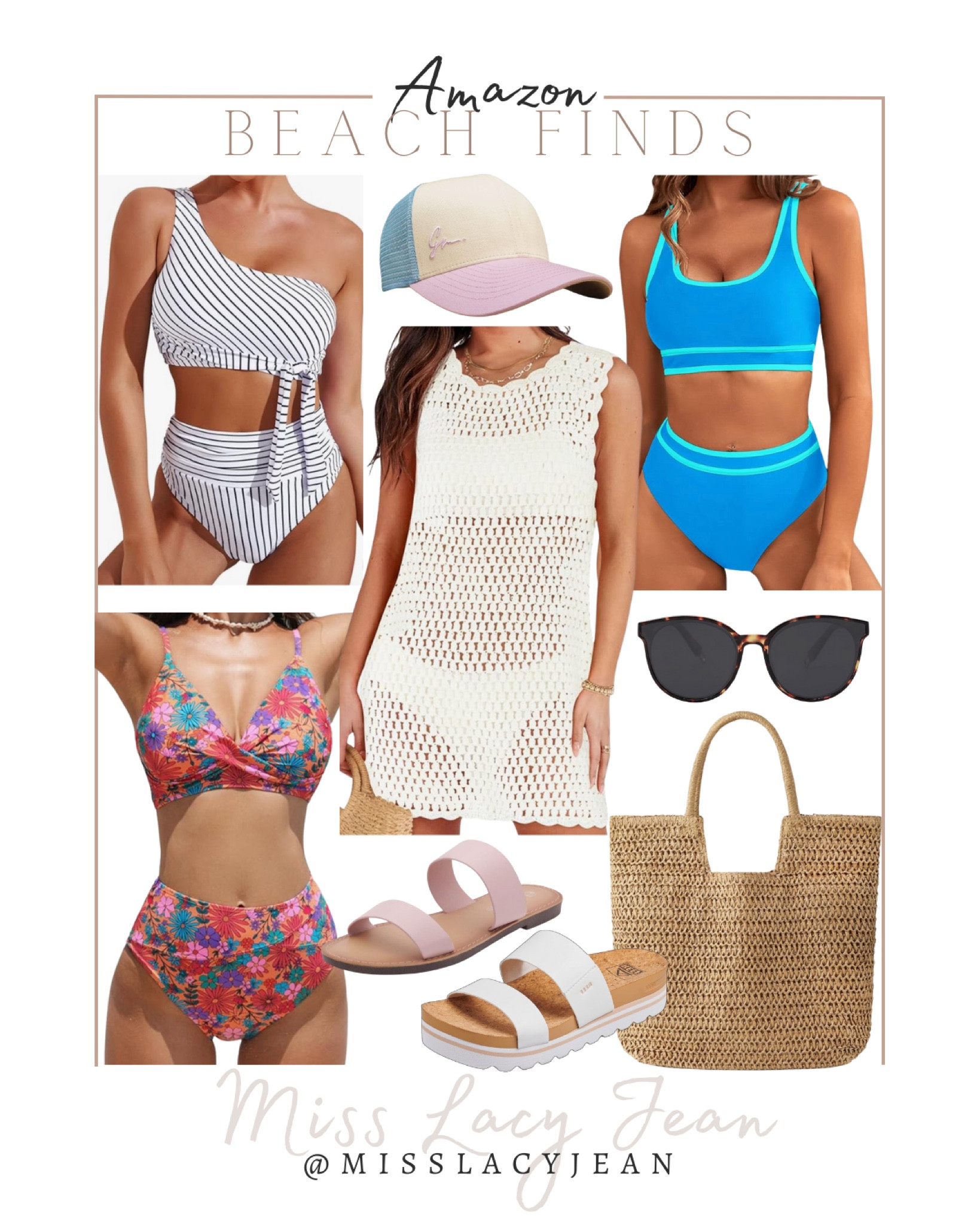 Beach finds from Amazon includes swim suits, baseball hat, sunglasses, straw bag, slide shoes, knit cover up.

Vacation finds, resort wear, beach finds, Amazon finds, Amazon swim

#LTKfindsunder50 #LTKSeasonal #LTKstyletip