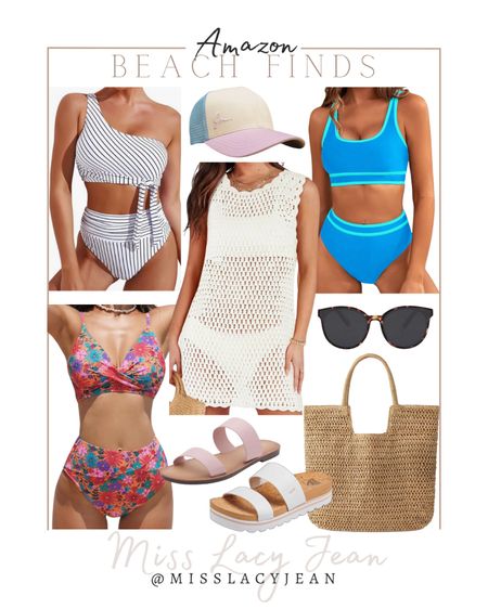 Beach finds from Amazon includes swim suits, baseball hat, sunglasses, straw bag, slide shoes, knit cover up.

Vacation finds, resort wear, beach finds, Amazon finds, Amazon swim

#LTKfindsunder50 #LTKSeasonal #LTKstyletip