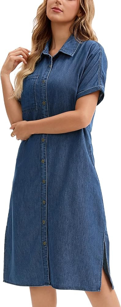 Women's Midi Denim Dress Summer Short Sleeve Button Down Casual Loose Long Tunic Jean Shirt Dress | Amazon (US)
