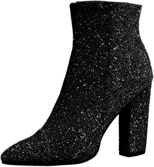 Glitter Boots For Women Sparkly Ankle Boots Chunky Heels Shiny Boots Zipper Sequin Boots Party Sh... | Amazon (US)