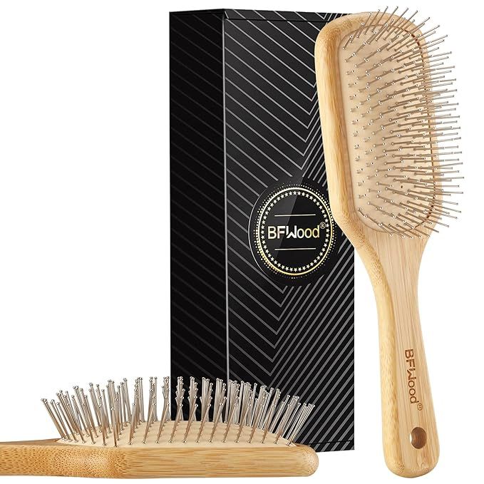 BFWood Bamboo Hair Brush with Steel Bristles, Help Hair Growth and Massaging Scalp | Amazon (US)