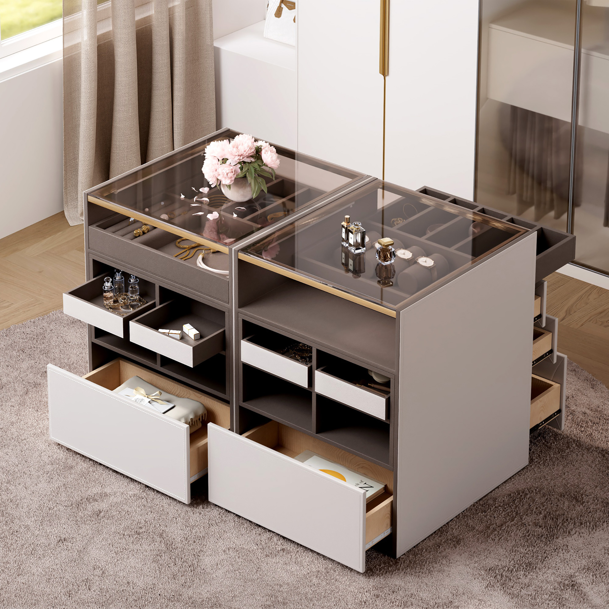 Saddle Leather 7-Dresser Walk-In Closet Island with Light & Jewelry Display Set of 2 | Homary