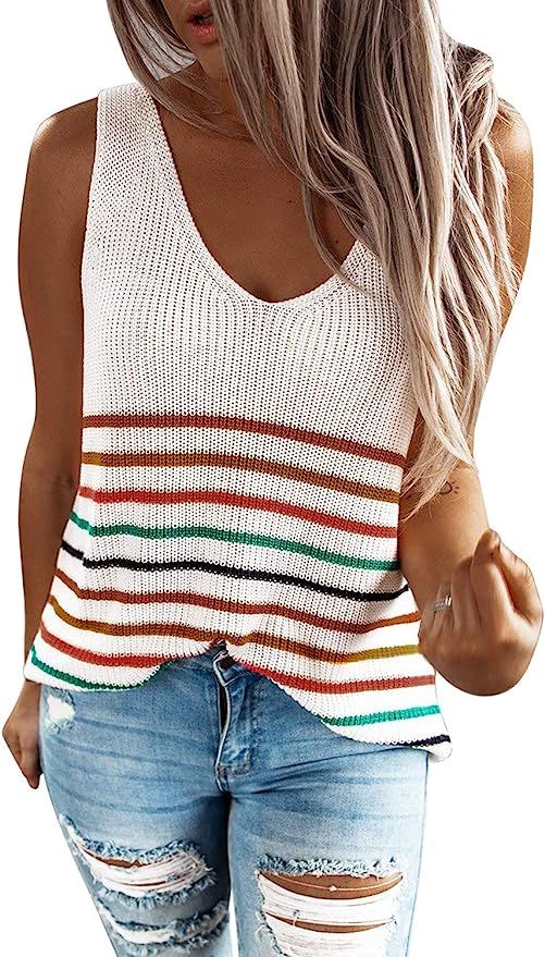 AlvaQ Women Summer Strappy Knit Tank Tops Loose Casual Sleeveless Shirts Camis | Amazon (US)