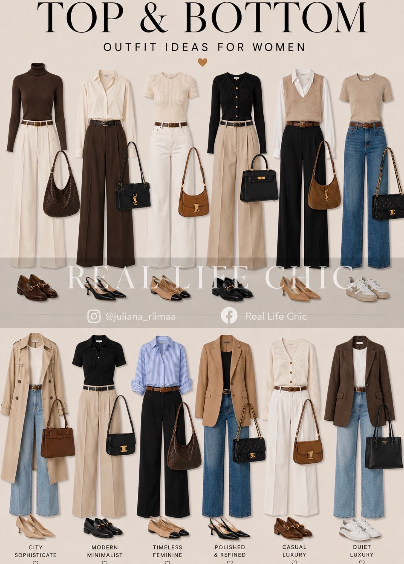 If getting dressed feels complicated, start with a great top + bottom formula. 🤎✨

These combinations are timeless, polished, and easy to recreate with pieces you’ll actually wear on repeat—think tailored trousers, classic denim, soft knits, crisp shirts, blazers, and elevated accessories.

I linked similar pieces so you can shop your favorite looks and build a wardrobe that works harder for you. Save this for later and grab your favorites before the best sizes sell out!

top and bottom outfit ideas, timeless outfit formulas, capsule wardrobe outfits, early fall outfits, quiet luxury style, women over 40 fashion, neutral outfit ideas, wide leg trousers outfit, blazer and jeans outfit, trench coat outfit, classic wardrobe staples, elevated basics, minimalist fashion, effortless chic style, polished everyday outfits, casual luxury style, workwear outfit ideas, LTK fashion finds, Real Life Chic.

#LTKootd #LTKOver40 #LTKU
