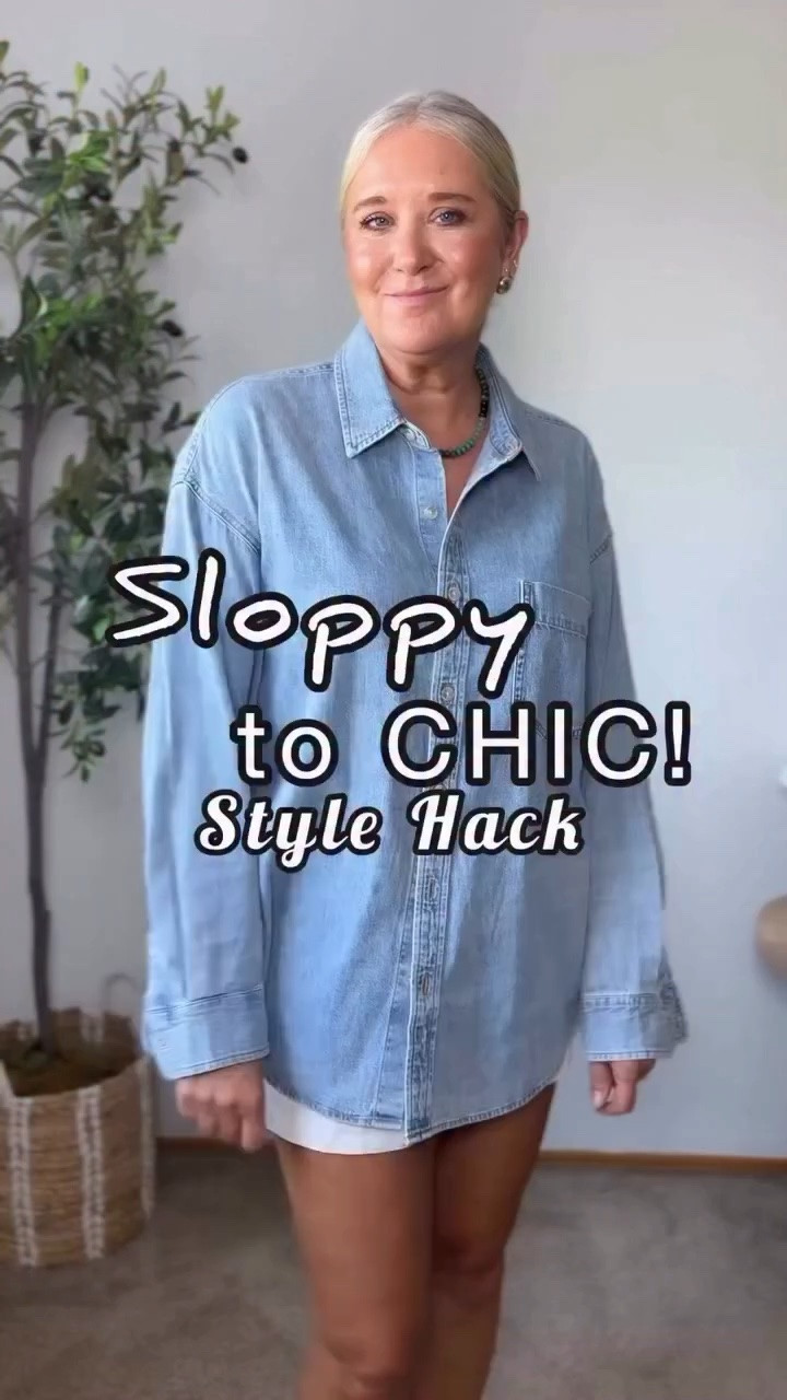 SLOPPY TO CHIC Denim button-up shirt
edition! 

Comment LINKS to shop!🛍️
Wearing a medium

| love an oversized button- up, but they can look sloppy if they’re too big!  I love this one, but it needed a bit more structure , so this is my way to take it to CHIC!

Many of you have asked how I do it...so here you go!

1. CUFF THOSE SLEEVES-this is a must! Or, just push them up! 

2. OPEN UP THAT NECKLINE- show off those necklaces! Use the Stitch tool to hold open if needed!

3. TACK BACK ONE SIDE- use this little stitch tool (a wardrobe MUST!) to tack the bottom of the shirt to the side seam! It opens up the hemline just a bit which is much more flattering! Or give it a tuck/french tuck! 

#sloppytochic #midlifestyle #oversized #casualstyle