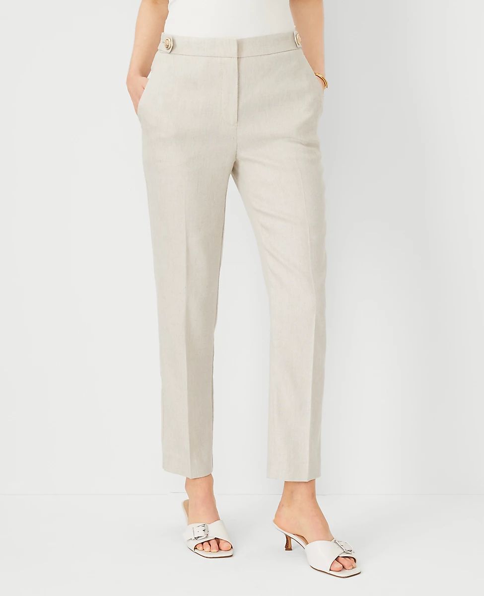 The Petite Button Tab High Rise Eva Ankle Pant in Basketweave Linen Blend | Ann Taylor (US)