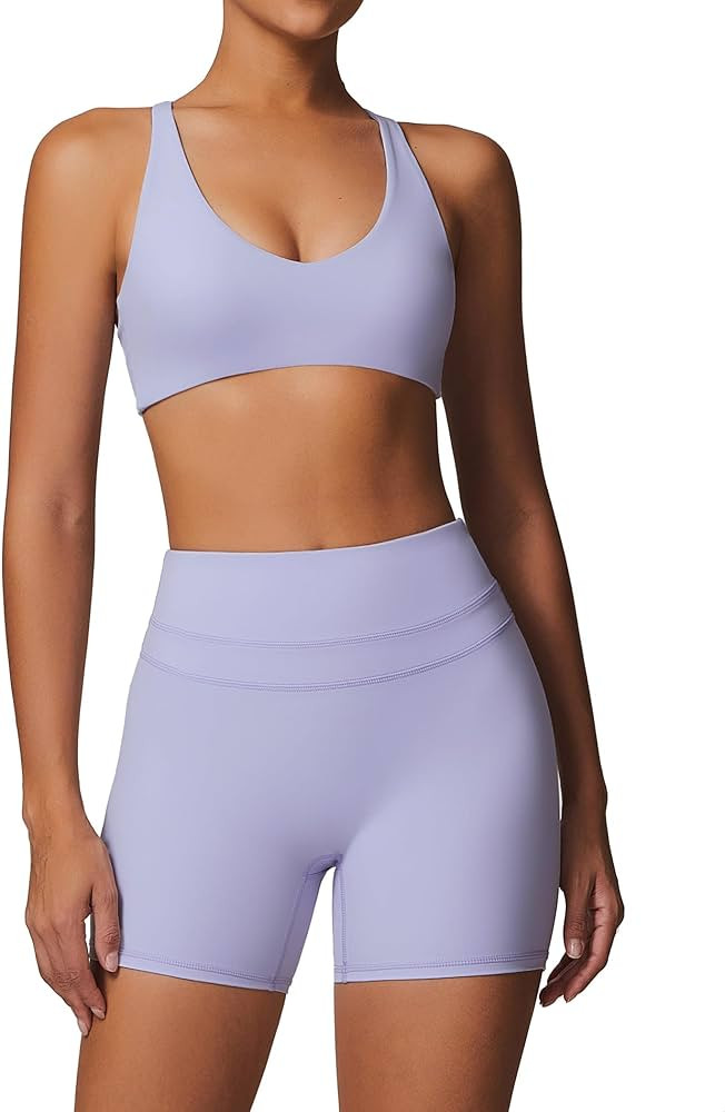 ABEHIK Workout Sets for Women 2 Piece Seamless V Neck Twist Back Sports Bra Tummy Control Biker S... | Amazon (CA)
