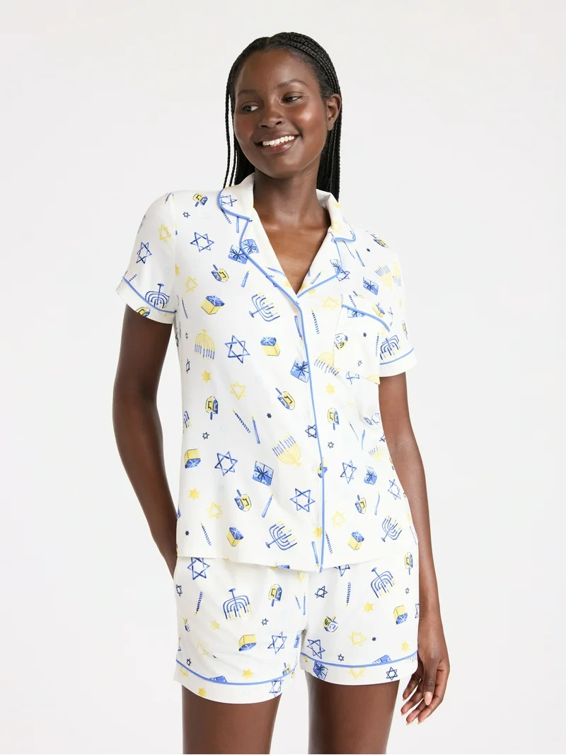 Joyspun Women’s Dreamy Soft Collection Notch Collar Knit Top and Boxer Shorts Pajama Set, Sizes... | Walmart (US)