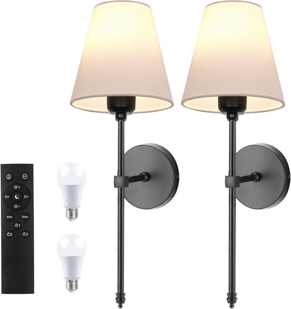 Wall Sconces Set of Two with Remote Control, Hardwired Wall Lights for Bedroom with Linen Fabric ... | Amazon (US)