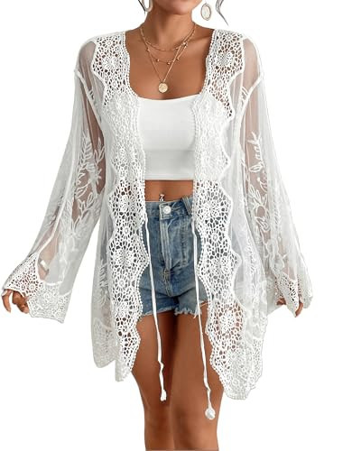 Bsubseach Womens Bathing Suit Cover Up Swimwear 2025 Back Cut Out Mesh Swimsuit Coverup Sheer Floral Beach Kimono Summer Cardigan(Cream White) | Amazon (US)
