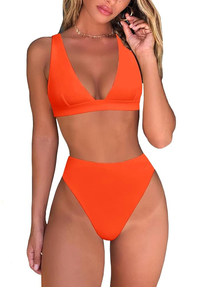 Womens High Waisted Thong Bikini Sets Sexy Brazilian Triangle Top Deep V Neck Two Piece Swimsuit ... | Amazon (US)