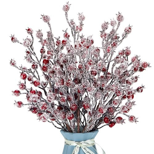 4 Pieces Artificial Red Berry Stems Christmas Frosted Berries Branches Twigs Snowy Berry Picks Holly Sprays for Christmas Tree Vase Fillers Decorations Winter Holiday Arrangement Home Decor (4, Red) | Amazon (US)