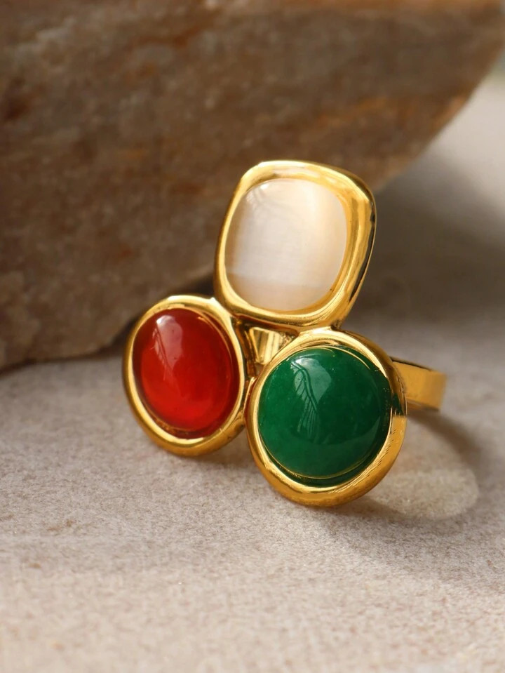 Trends1PC 18k Gold Thick And Heavy Stainless Steel Oval Birthstone Birthstone Inlaid Natural Ston... | SHEIN