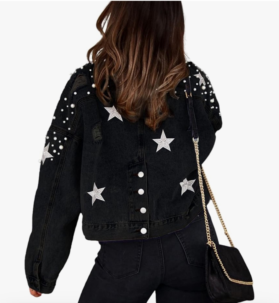 Esmeling Womens Cropped Pearls Beading Jean Jacket Ripped Star Embroidered Denim Jacket Coat

#LTKHome #LTKxNSale #LTKSeasonal