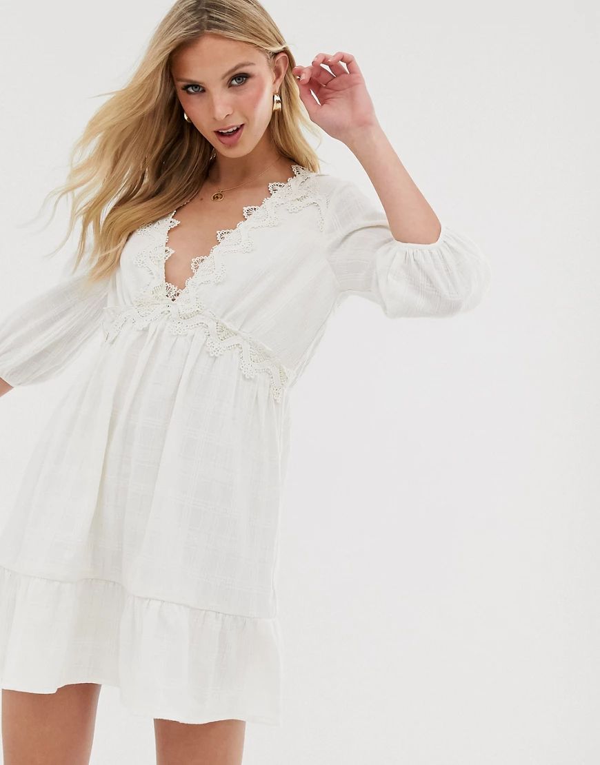 ASOS DESIGN lace insert v neck mini smock dress-White | ASOS (Global)