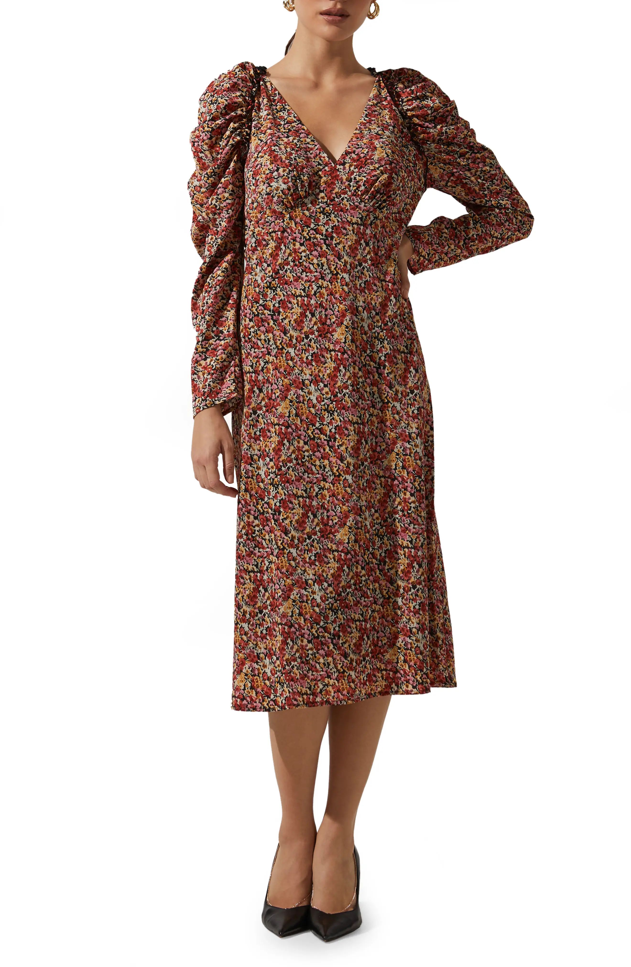 Women's Astr The Label Floral Ruched Long Sleeve Midi Dress, Size Small - Red | Nordstrom