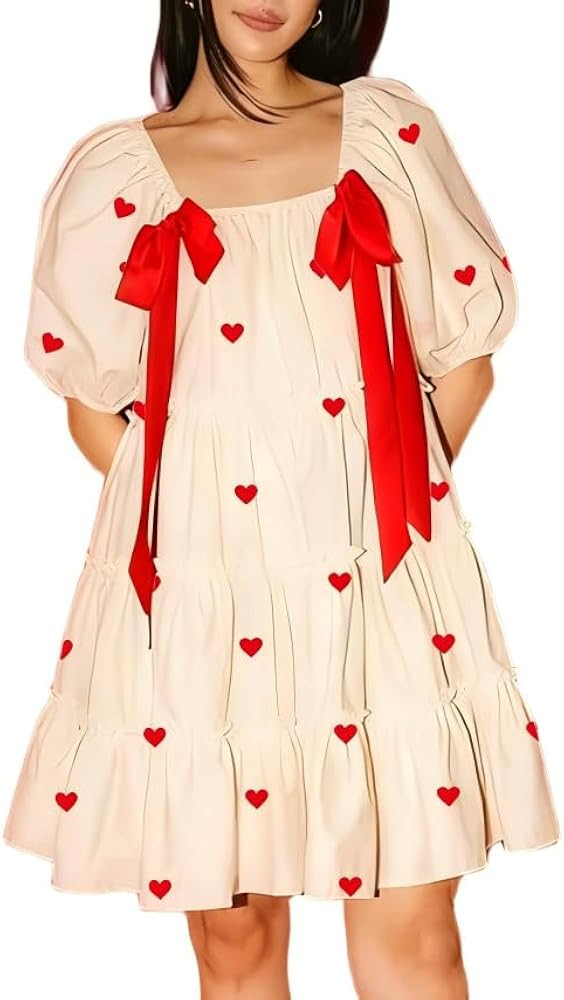 LILTWIST Women Heart Print Babydoll Dress Valentine V Neck Puff Sleeve Mini Dress Cute Bowknot Ba... | Amazon (US)