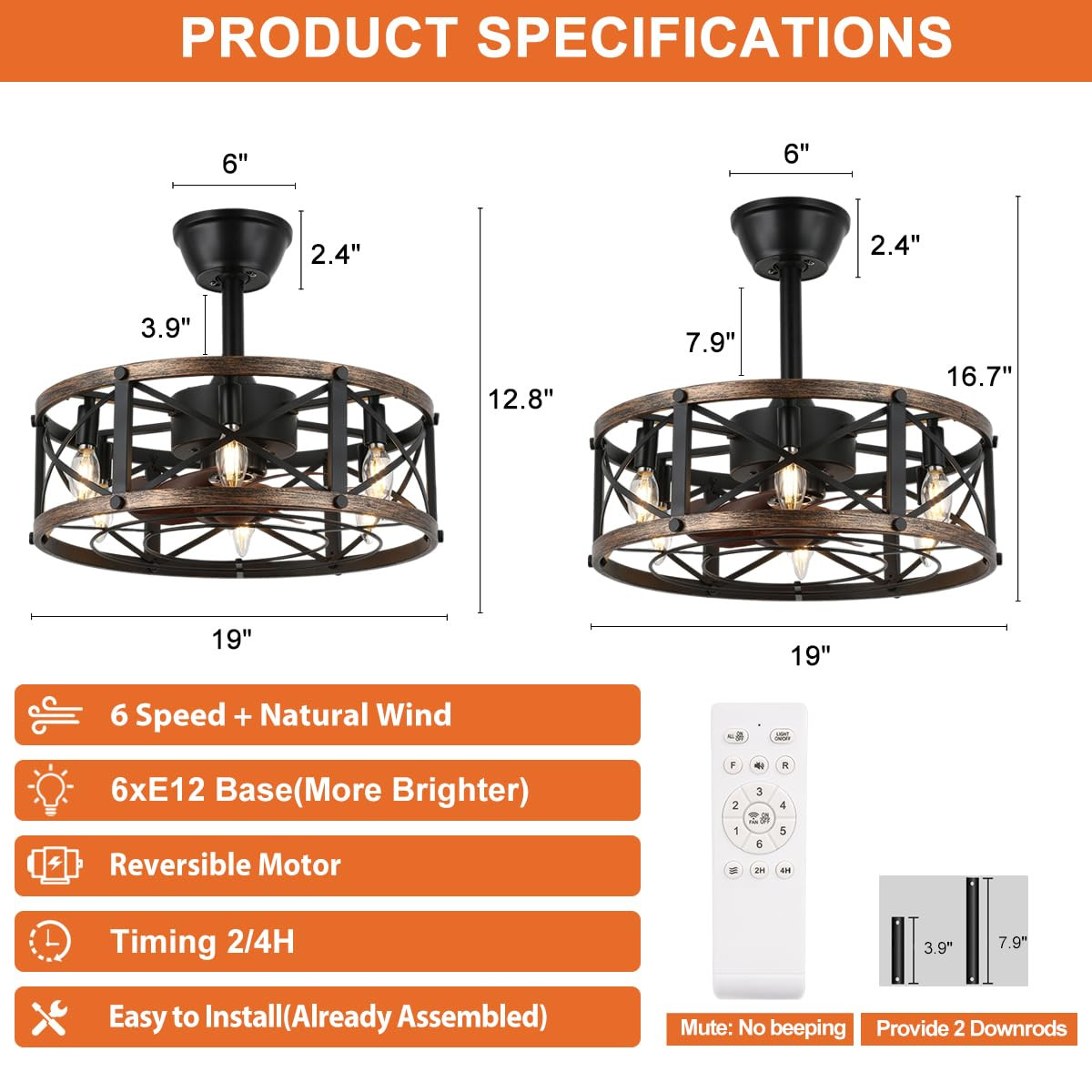 19" Farmhouse Fandelier Ceiling Fan with Light, Caged Bladeless Ceiling Fans with Lights and Remo... | Amazon (US)