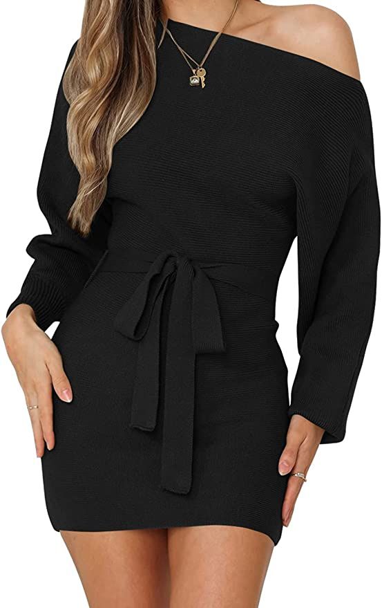 ZCSIA Women's Long Batwing Sleeve Boat Neck Off Shoulder Tie Waist Knitted Bodycon Mini Sweater D... | Amazon (US)