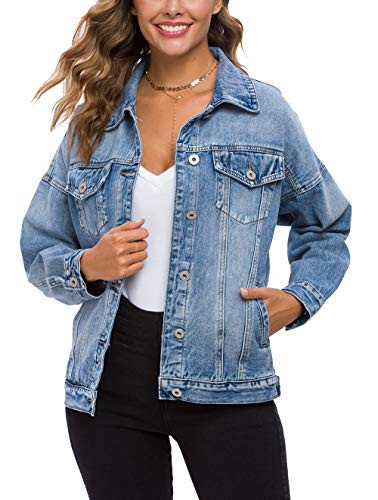 Tsher Women's Oversize Vintage Washed Denim Jacket Long Sleeve Classic Loose Jean Trucker Jacket D003 (XL, Blue-1)… | Amazon (US)
