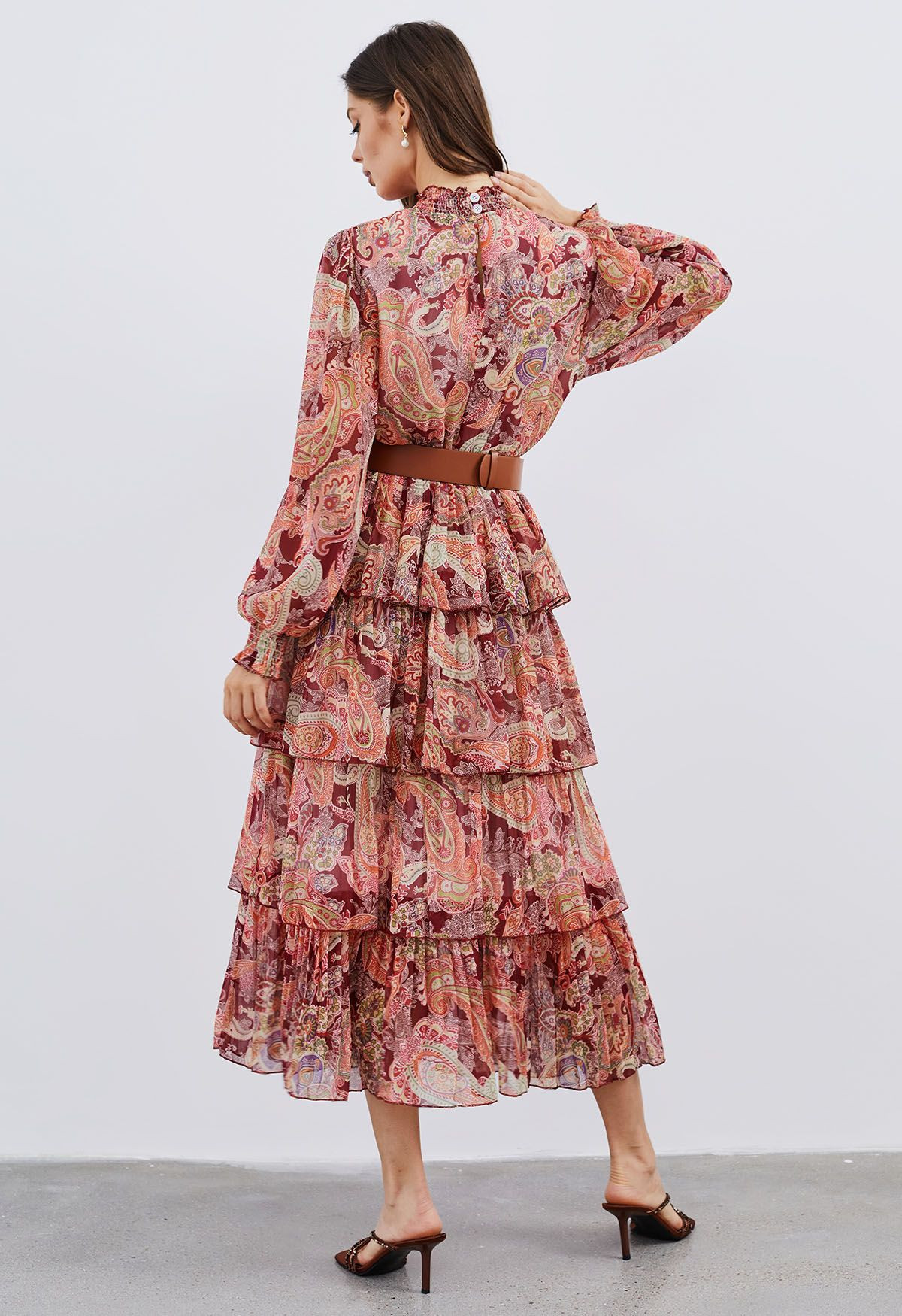 Paisley Printed Belted Tiered Chiffon Dress in Red | Chicwish