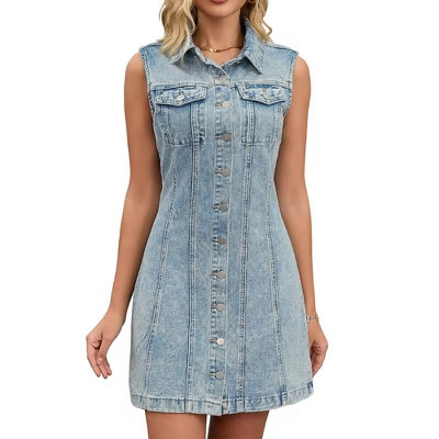 INSPIRE CHIC Women's Denim Sleeveless Country Summer Collared Button Down Mini Jean Dresses Light Blue Medium | Target