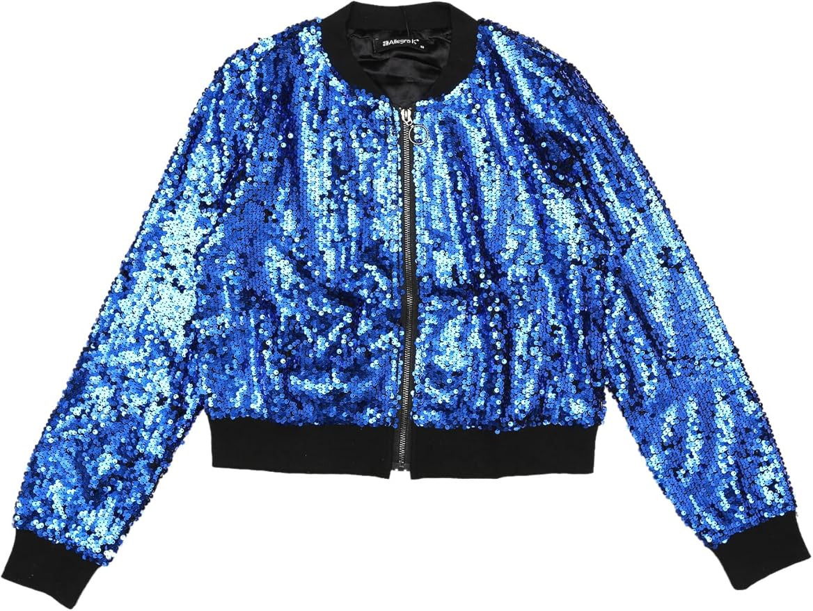 Allegra K Women's Sequin Jackets Long Sleeve 2023 Zipper Up Collarless Bomber Glitter Sparkly Jac... | Amazon (US)